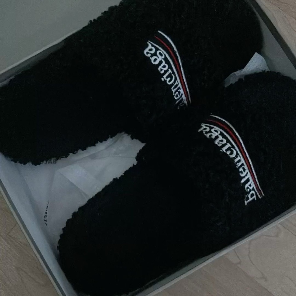 Balenciaga Black Furry Slide Slippers with Stripe Logo